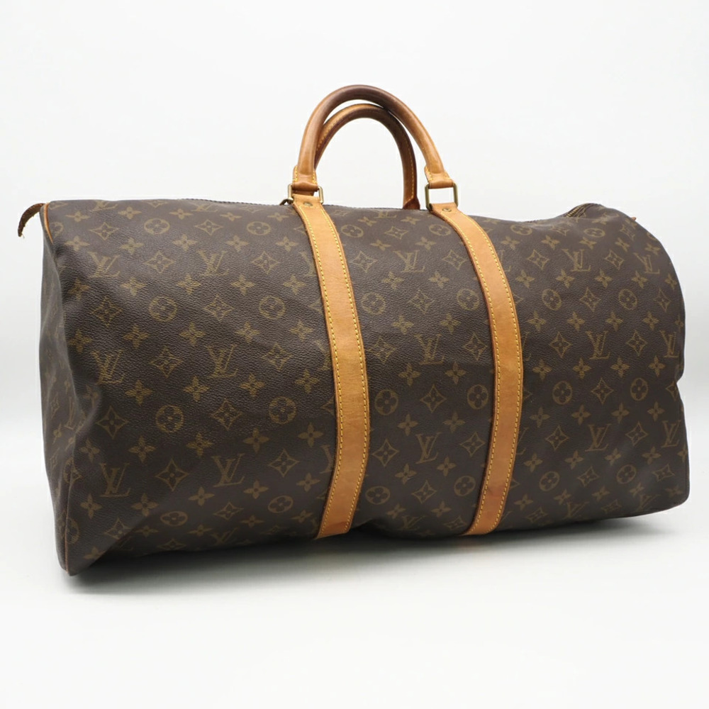 Louis Vuitton Monogram Keepall Canvas Leather Travel Bag Beige Brown